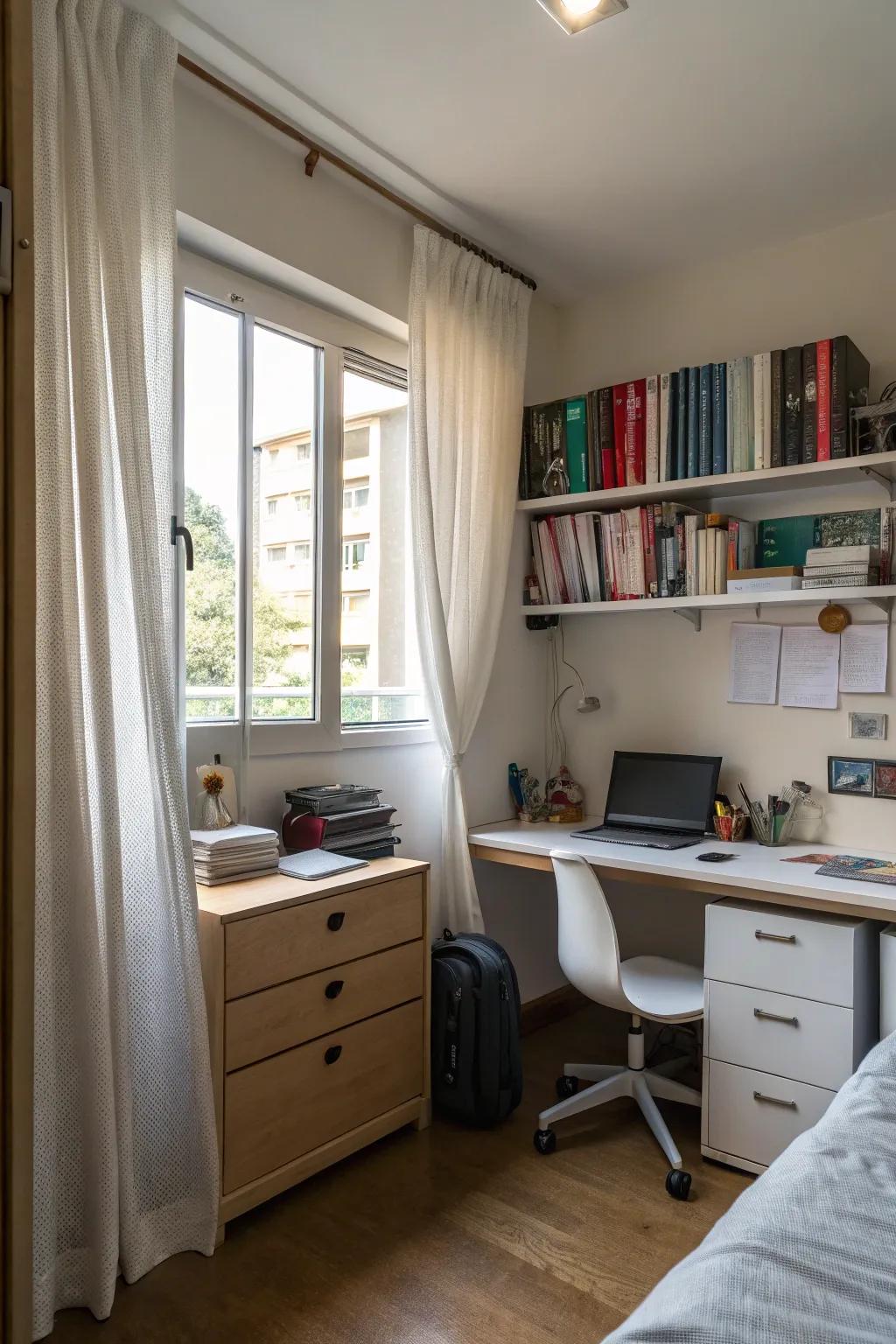 Curtains provide privacy and maintain a tidy look.