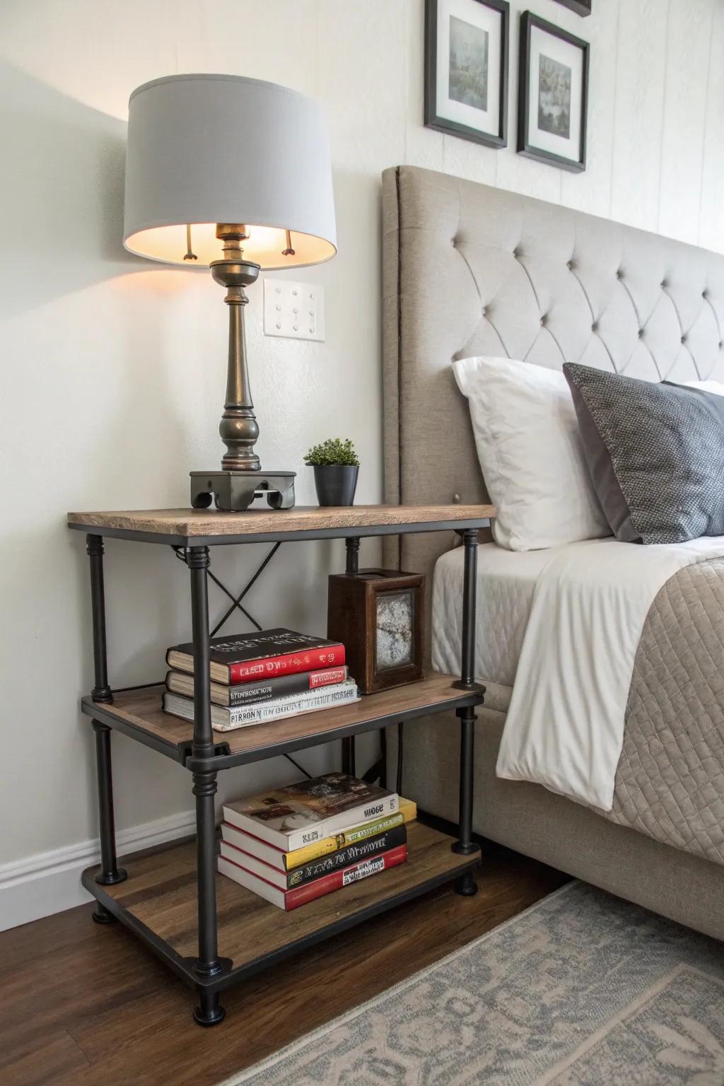 An industrial pipe shelf offers a bold, modern touch as a bedside table.