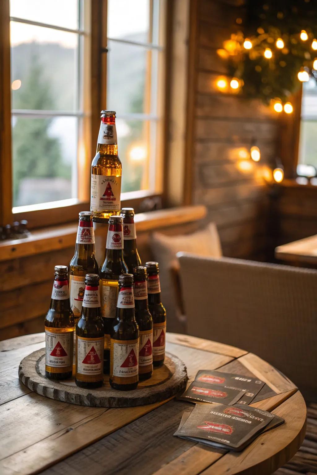 Pyramid-stacked beer display creating visual interest.