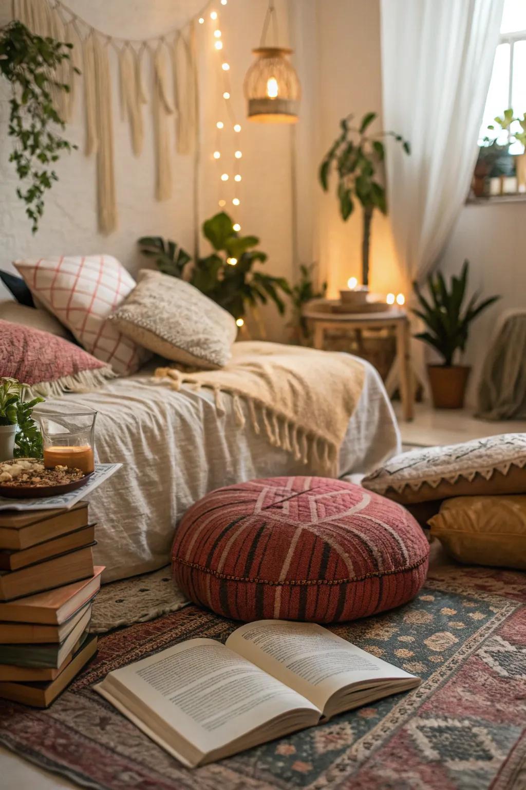 A cozy reading nook contributes an appealing retreat in this boho bedroom