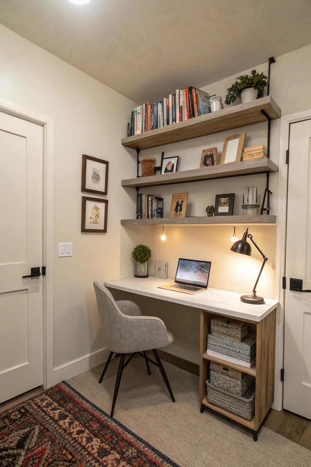 Floating furniture frees up floor space in a den.