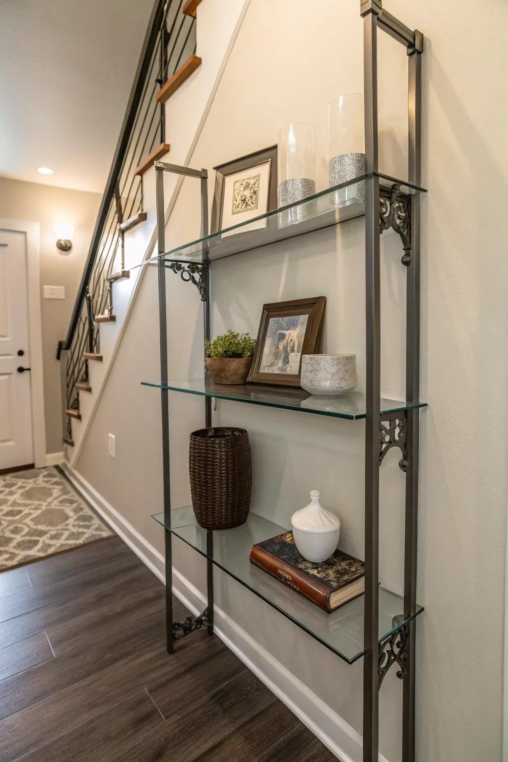 A glass and metal shelf adds a modern touch to small areas.