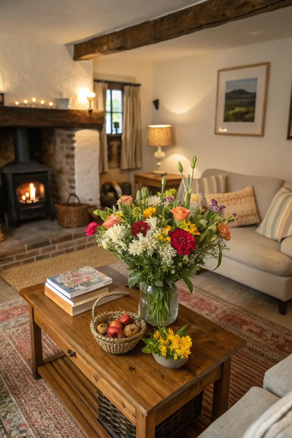 Fresh flowers add a vibrant touch to this charming cottage living space.