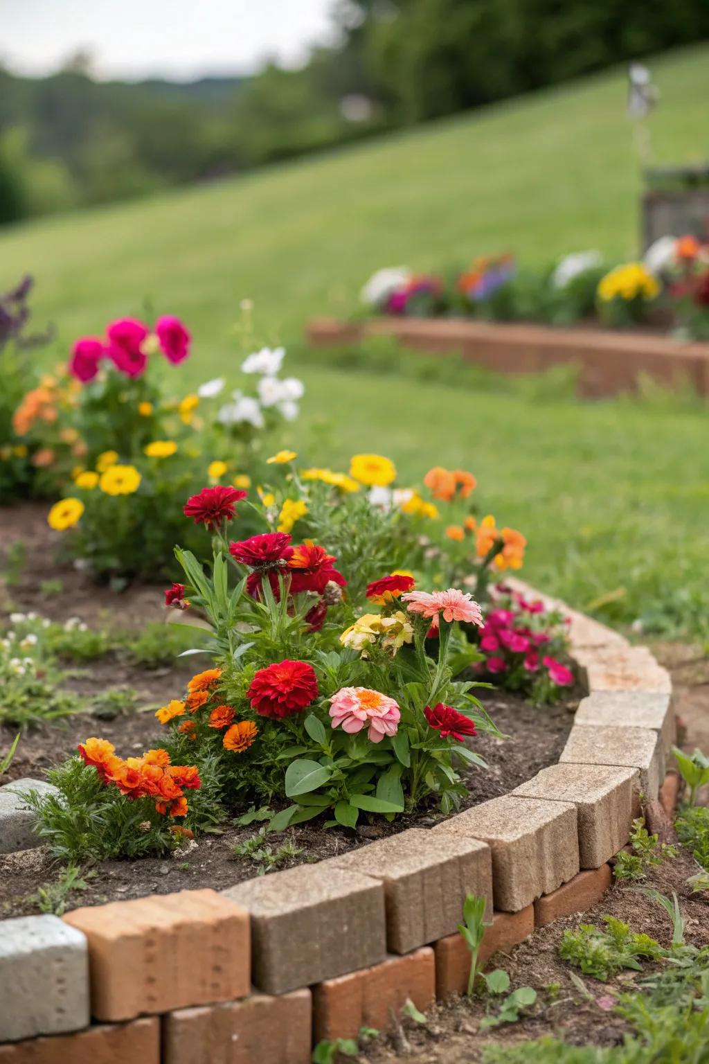 An eco-friendly compact flower bed featuring charming recycled brick borders.