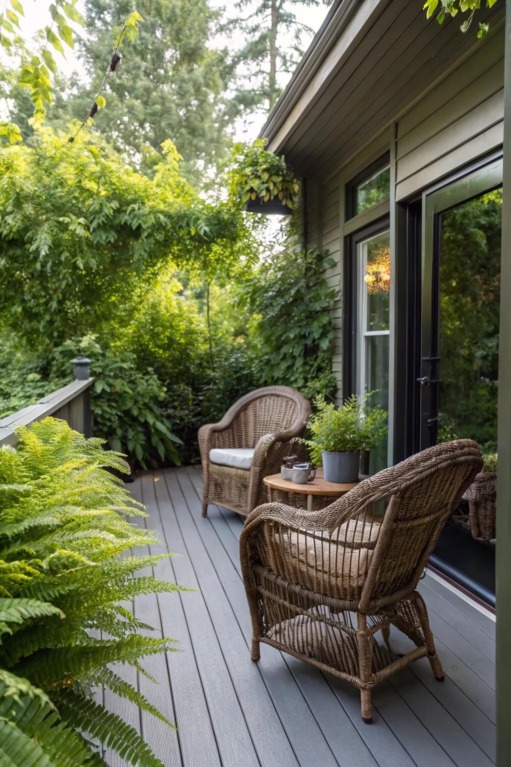 Wicker chairs impart inherent texture to the deck.
