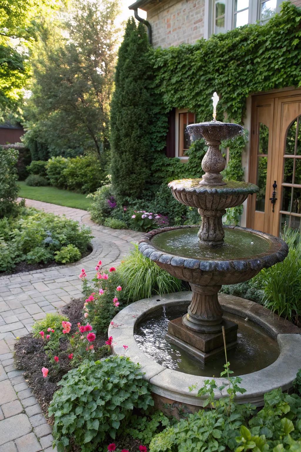 A garden sculpture fountain adds artistic flair.