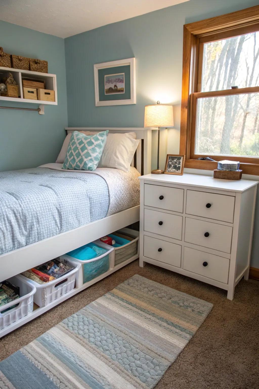 Using under-bed storage helps maximize space.