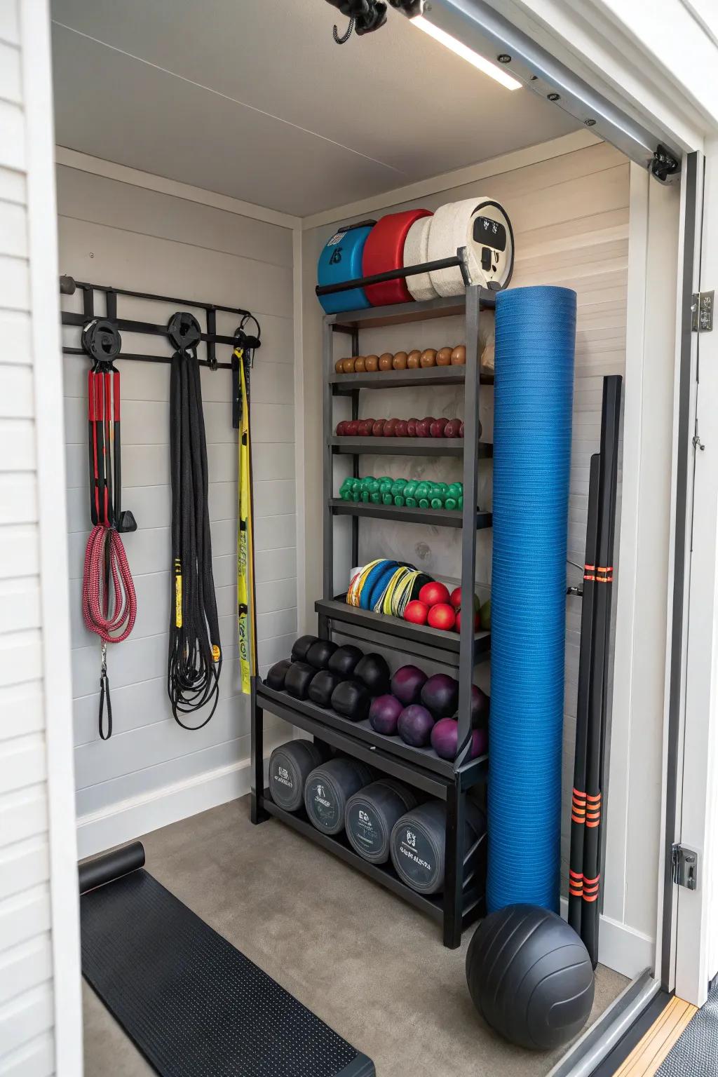 Vertical storage units are great for saving space in small gyms.