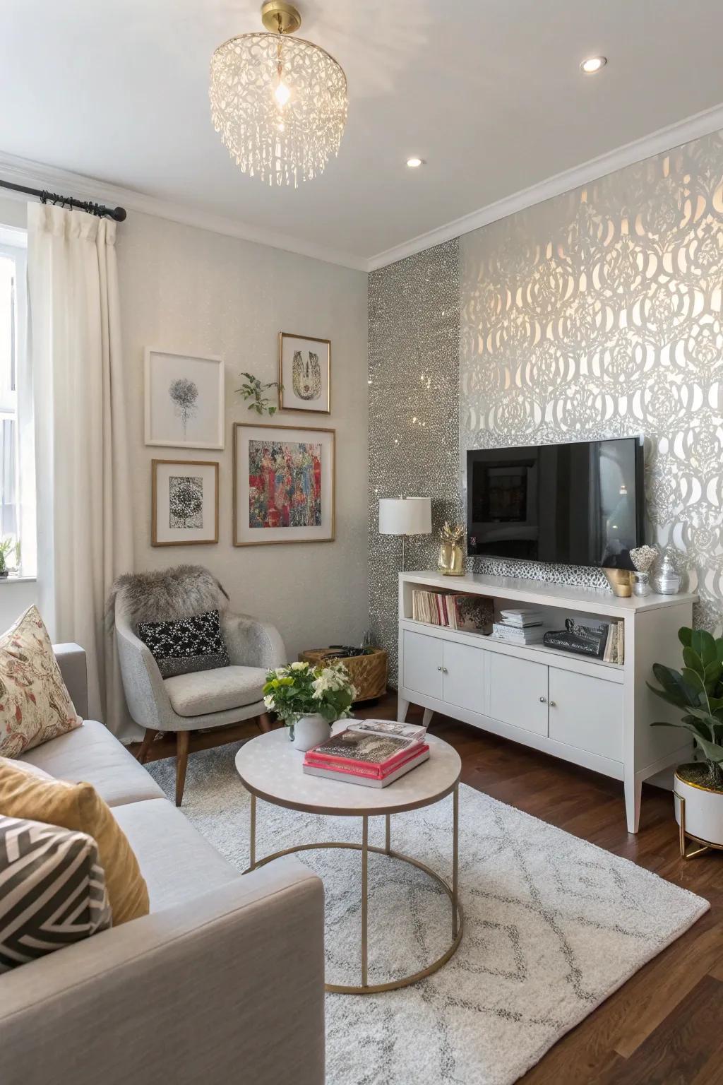 A small living room featuring a shine wall for added glamour.