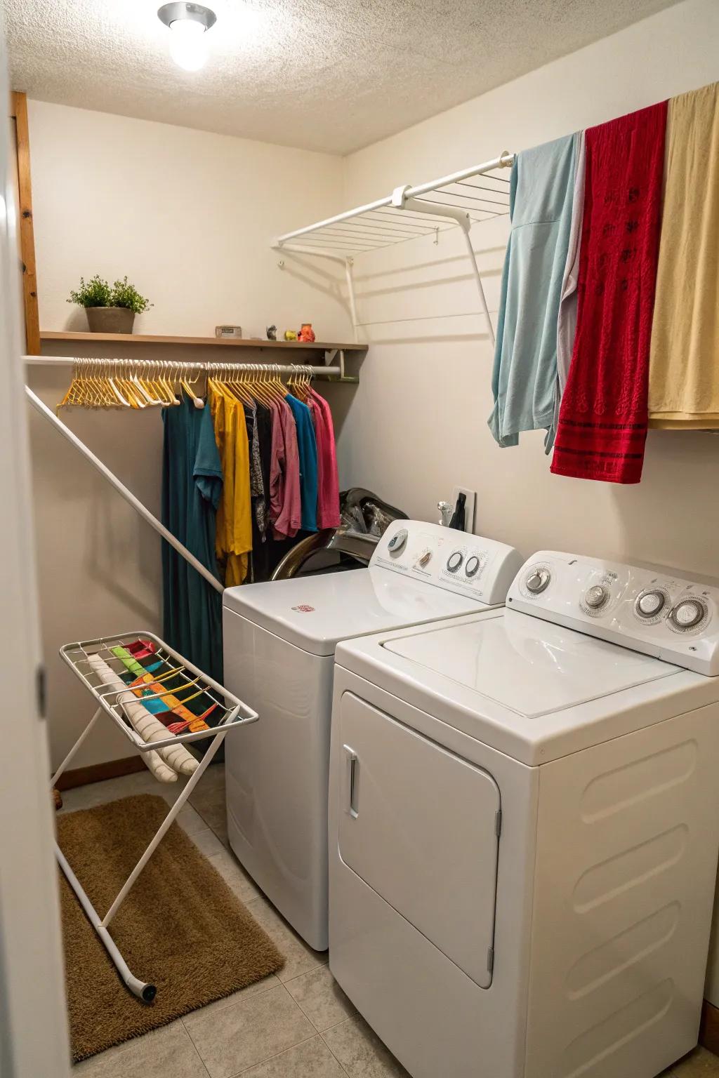 Utilize space with a drying rack over the washer.