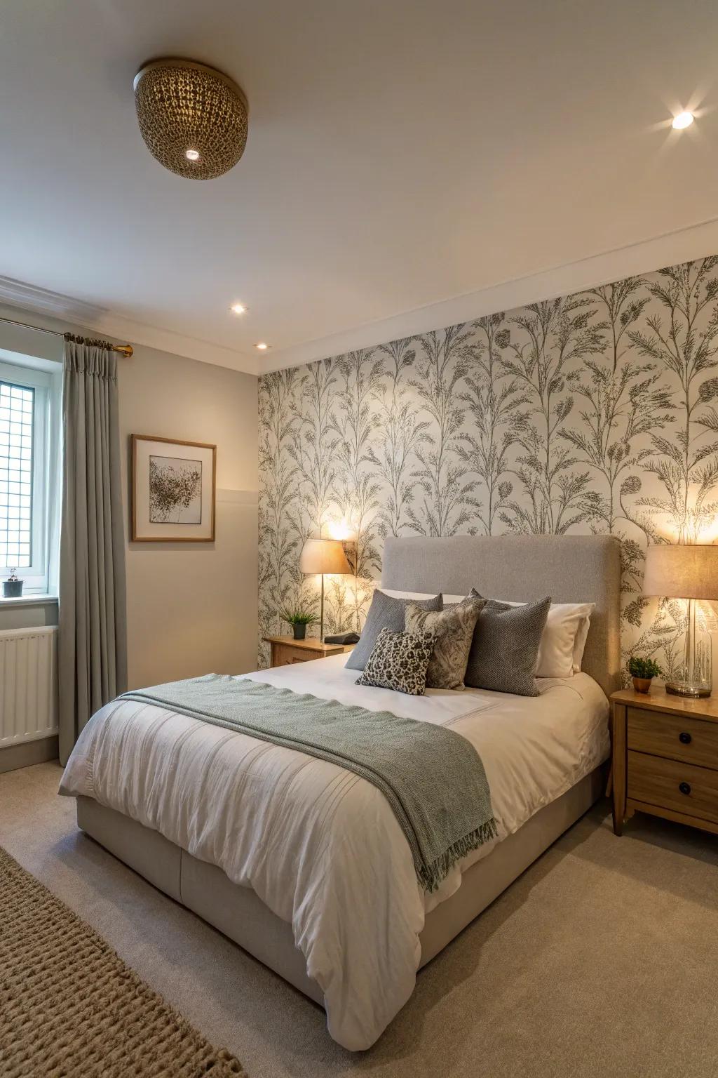 An highlight wall adds depth to a small master bedroom.