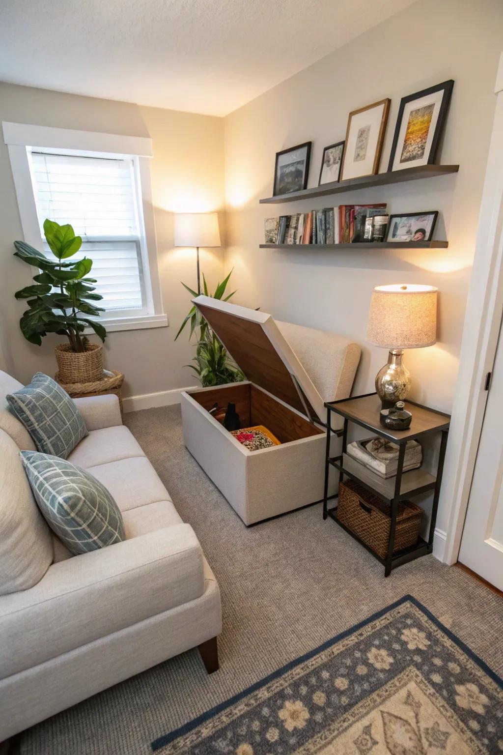 Concealed storage solutions keep your living room clutter-free.