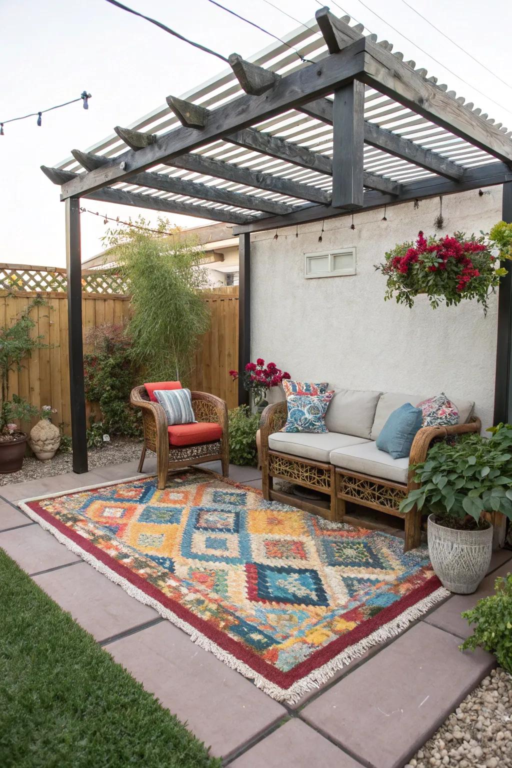 An exterior rug injects color and comfort beneath a small pergola.