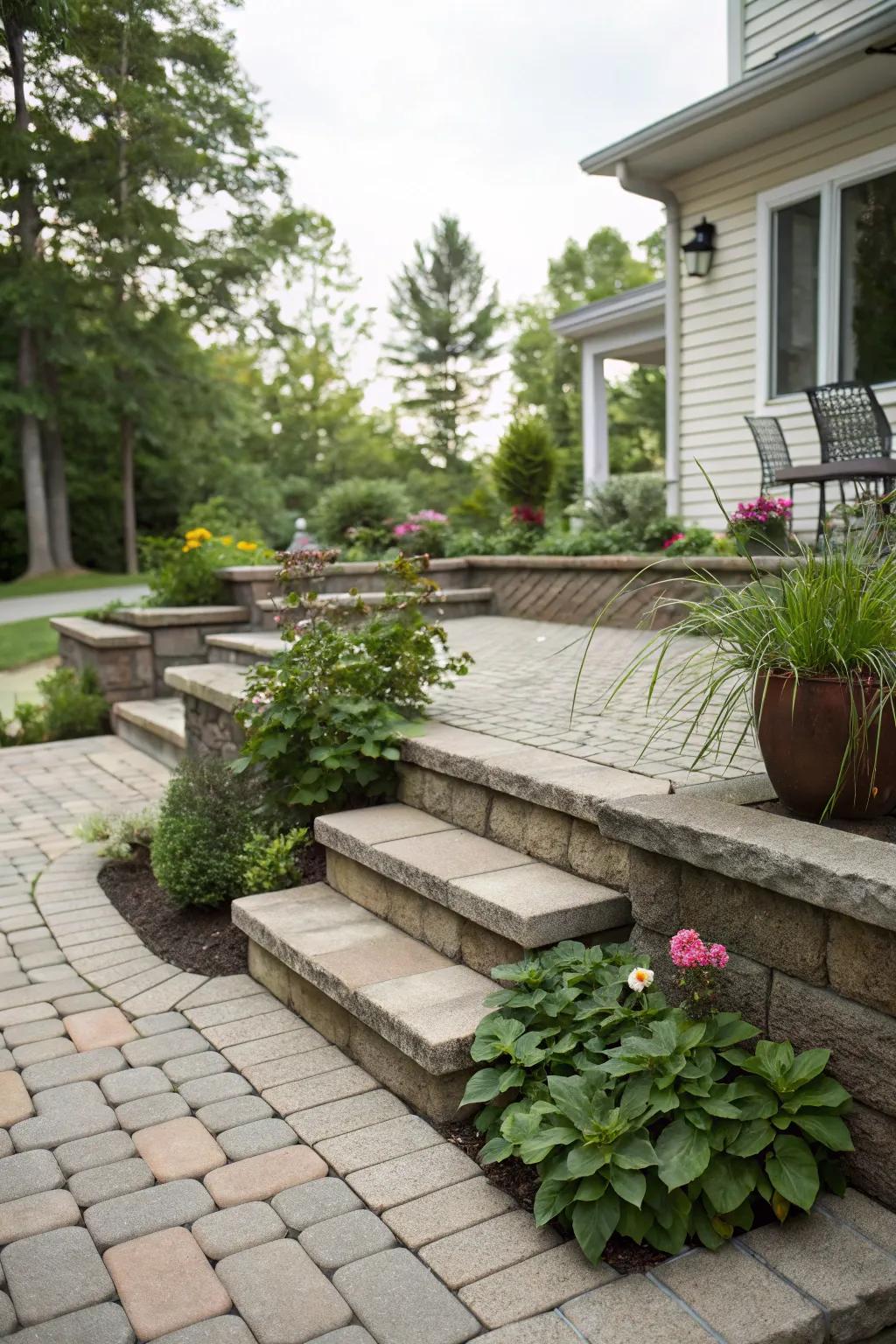A vibrant patio featuring multiple levels and elements.
