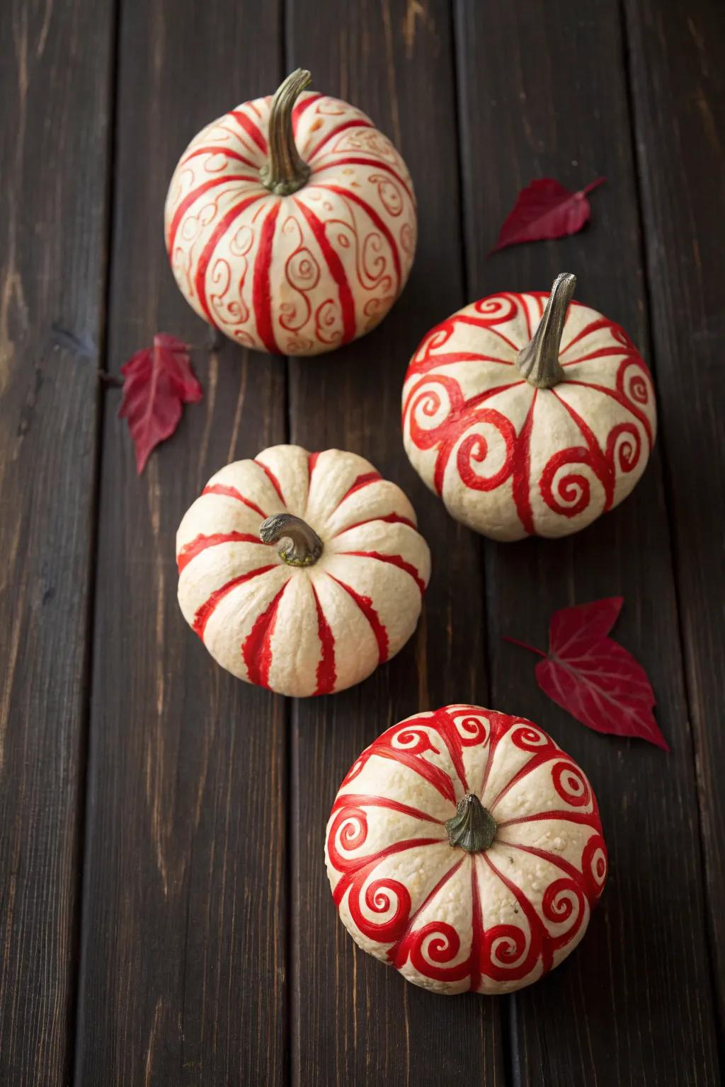 Scarlet-swirled pumpkins make a bold, dramatic statement.