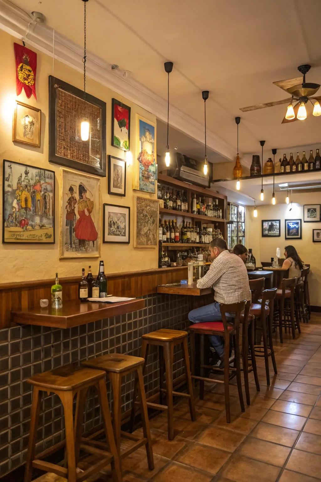 Local art introduces unique character and appeal to a compact restaurant bar.