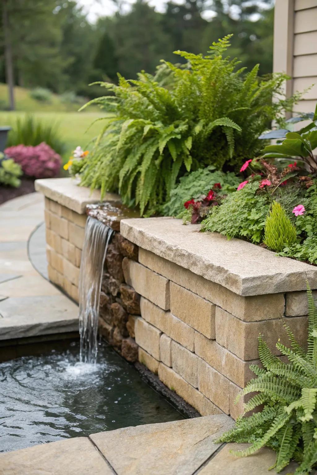 Water features in retaining structures contribute tranquility and charm.