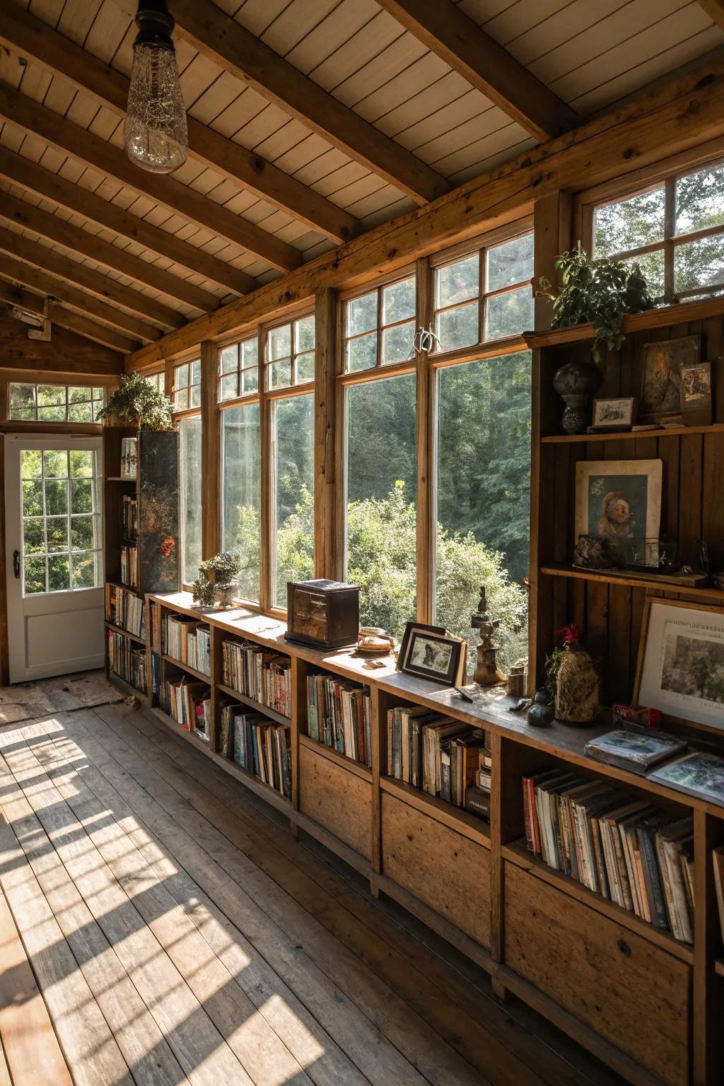 Showcased collections add personal character to this country-style sunroom.