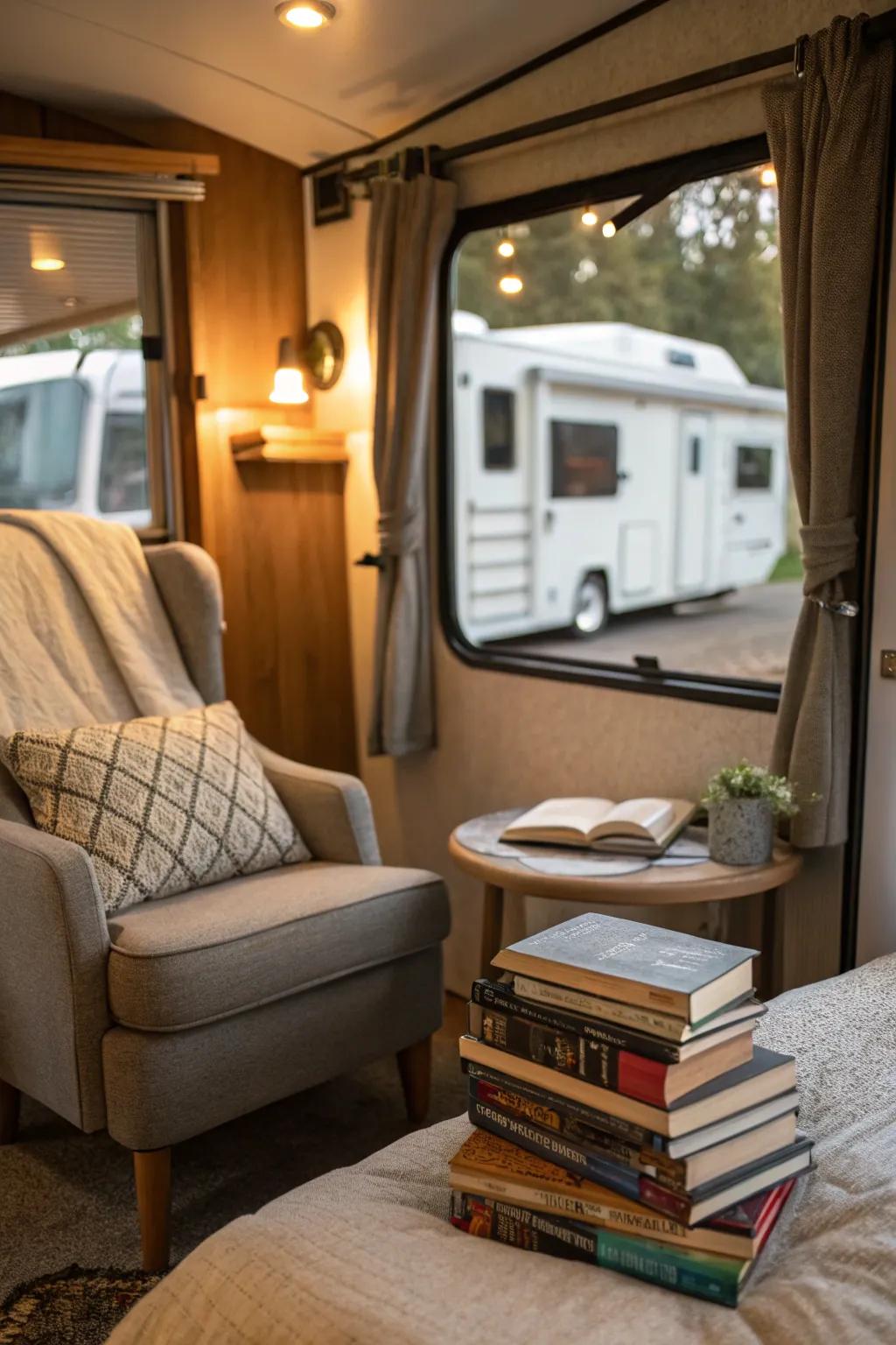 A reading nook offers a cozy retreat in your RV bedroom.