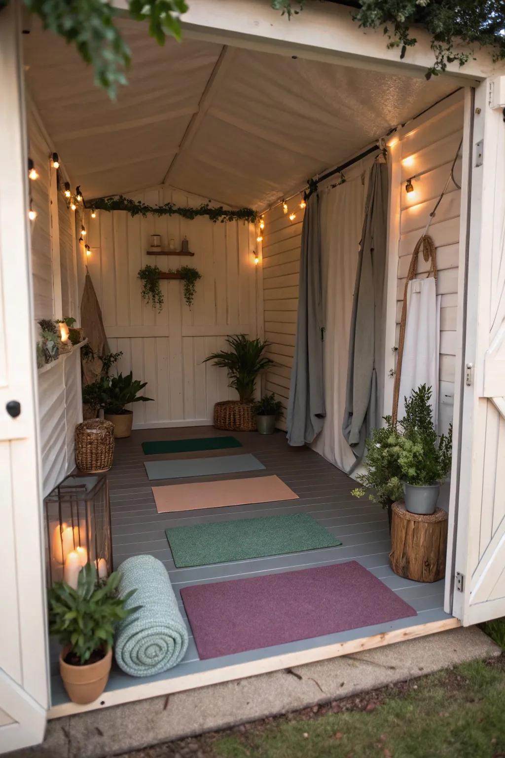 A serene yoga and meditation space inside a small shed.