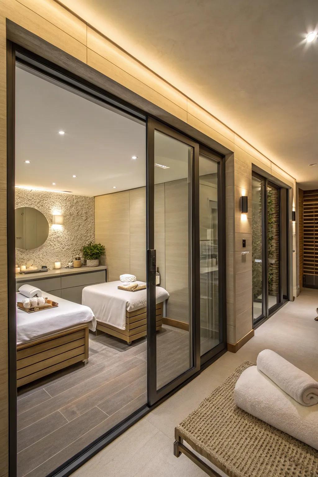 Space-saving sliding doors in a spa room