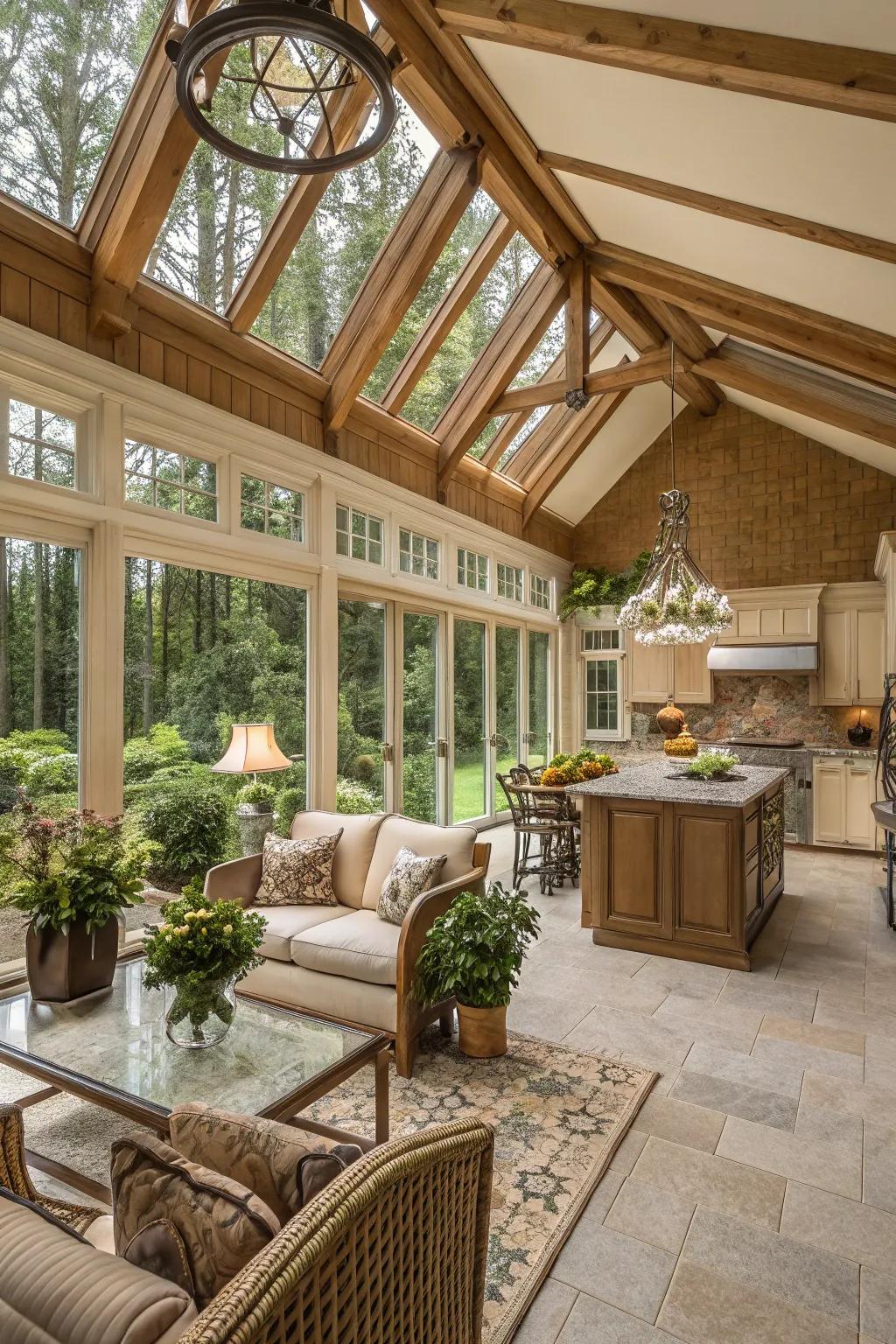 A vaulted ceiling contributes spaciousness and elegance.