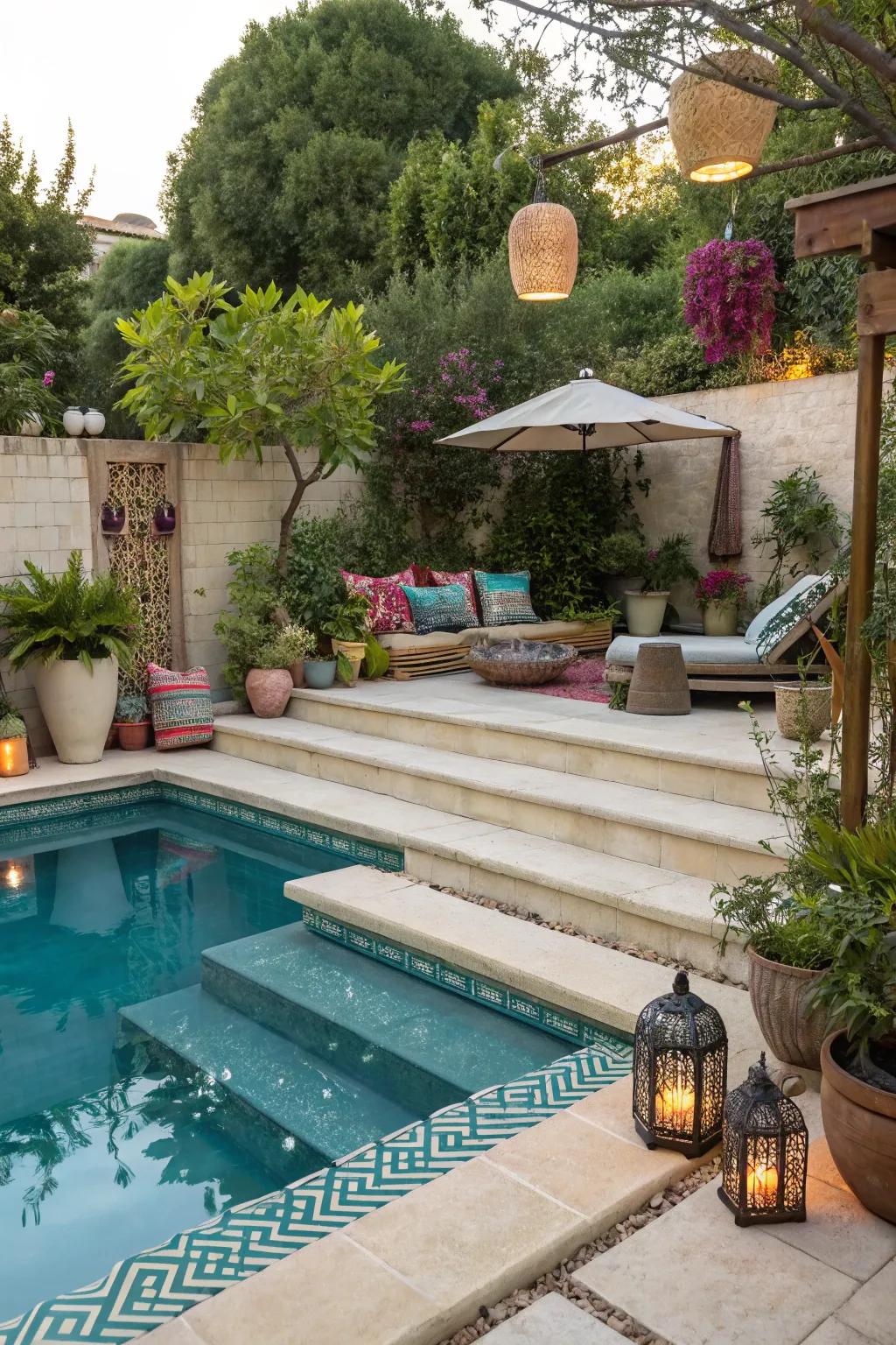 Dual-function steps for seating and lounging.