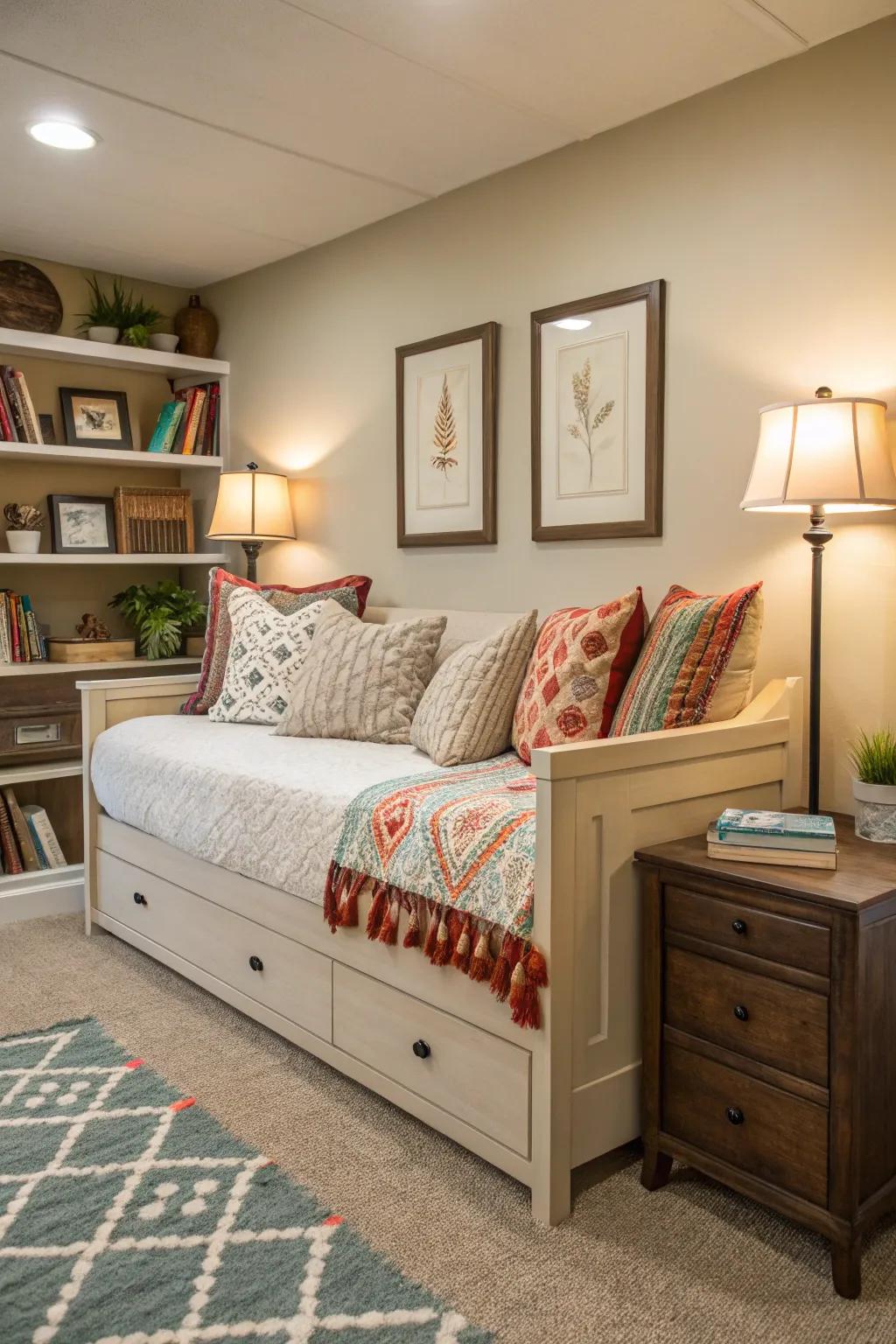 A daybed offers versatile seating in a small living room.