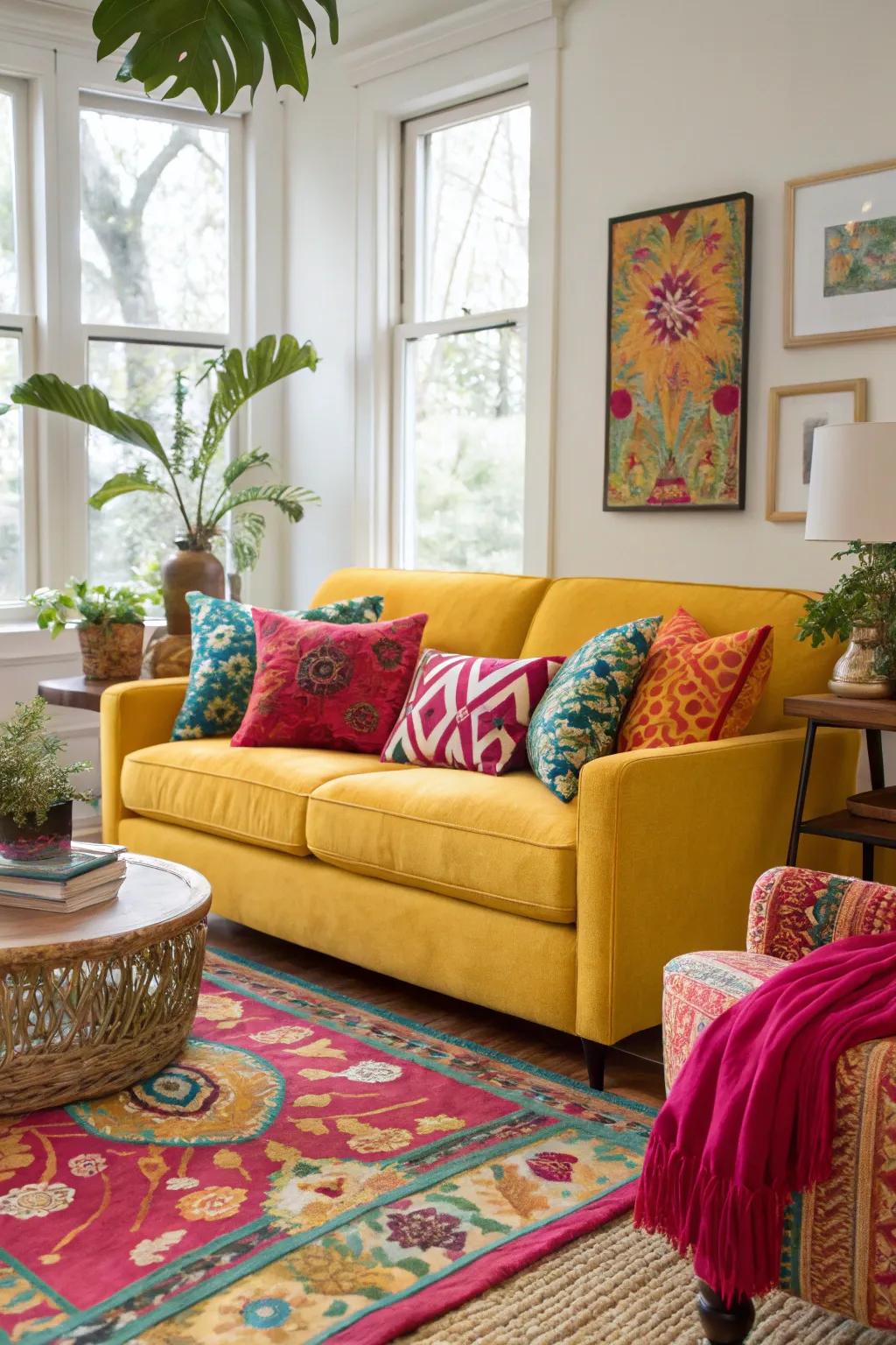 A bright sofa adds an unexpected pop of color and energy.
