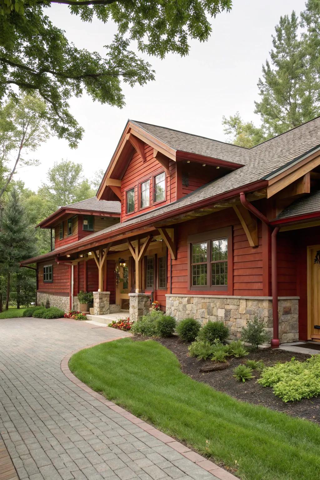 Country ruby and timber create a warm, homey exterior.