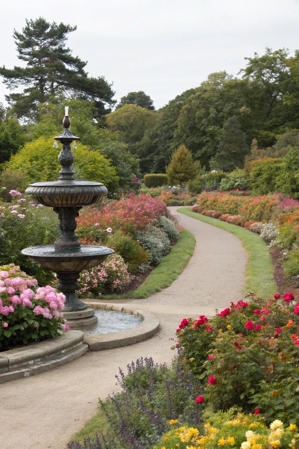 A solar fountain enhancing a garden pathway with its inviting presence.