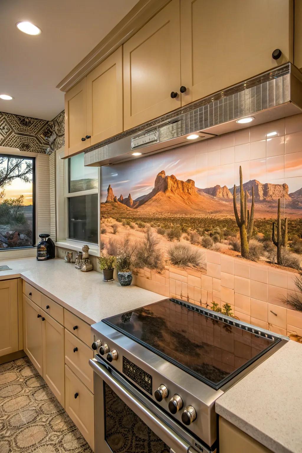 A desert scenery board turns your backsplash into a stunning focal point.