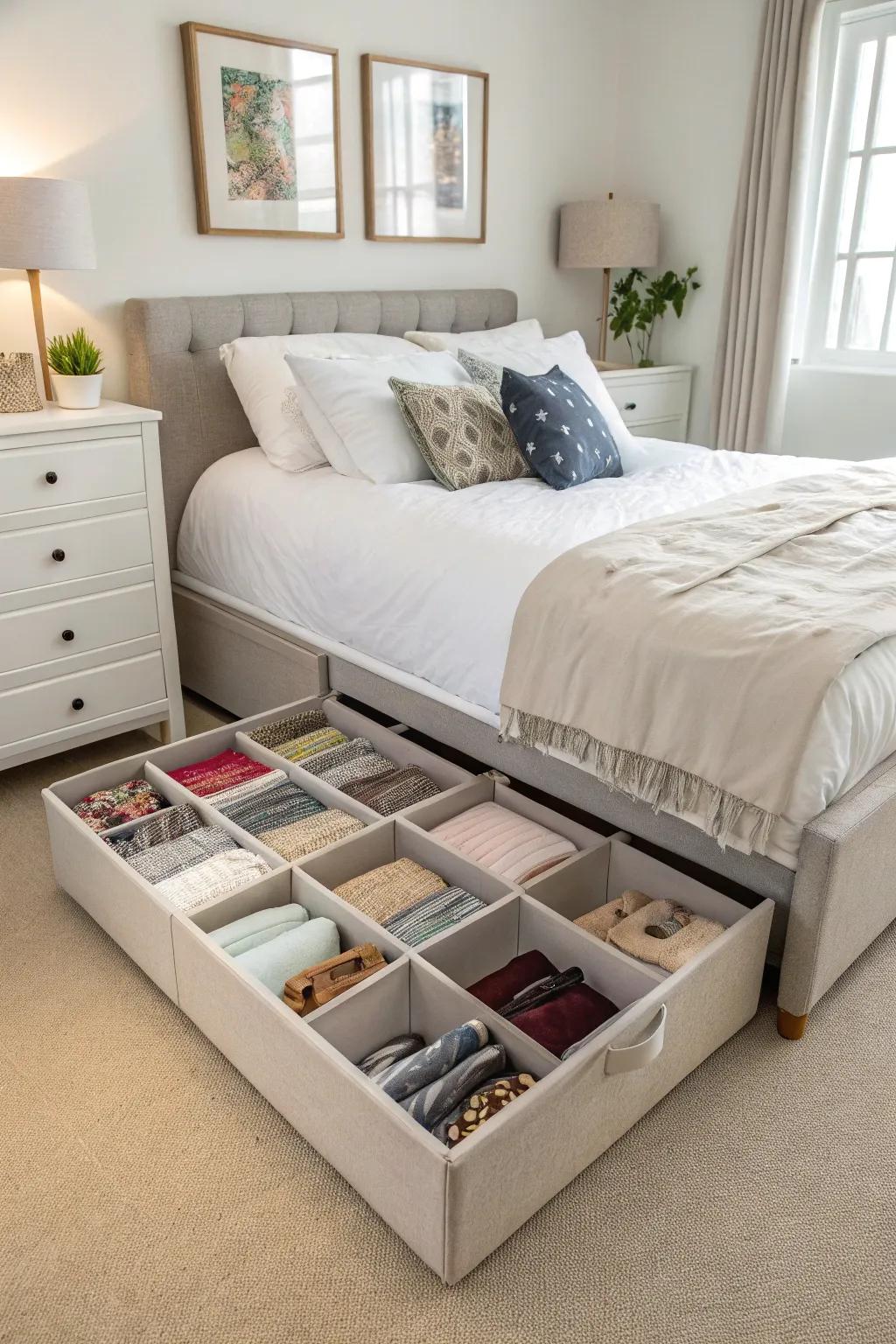 Under-bed storage solutions keep your belongings organized and accessible.