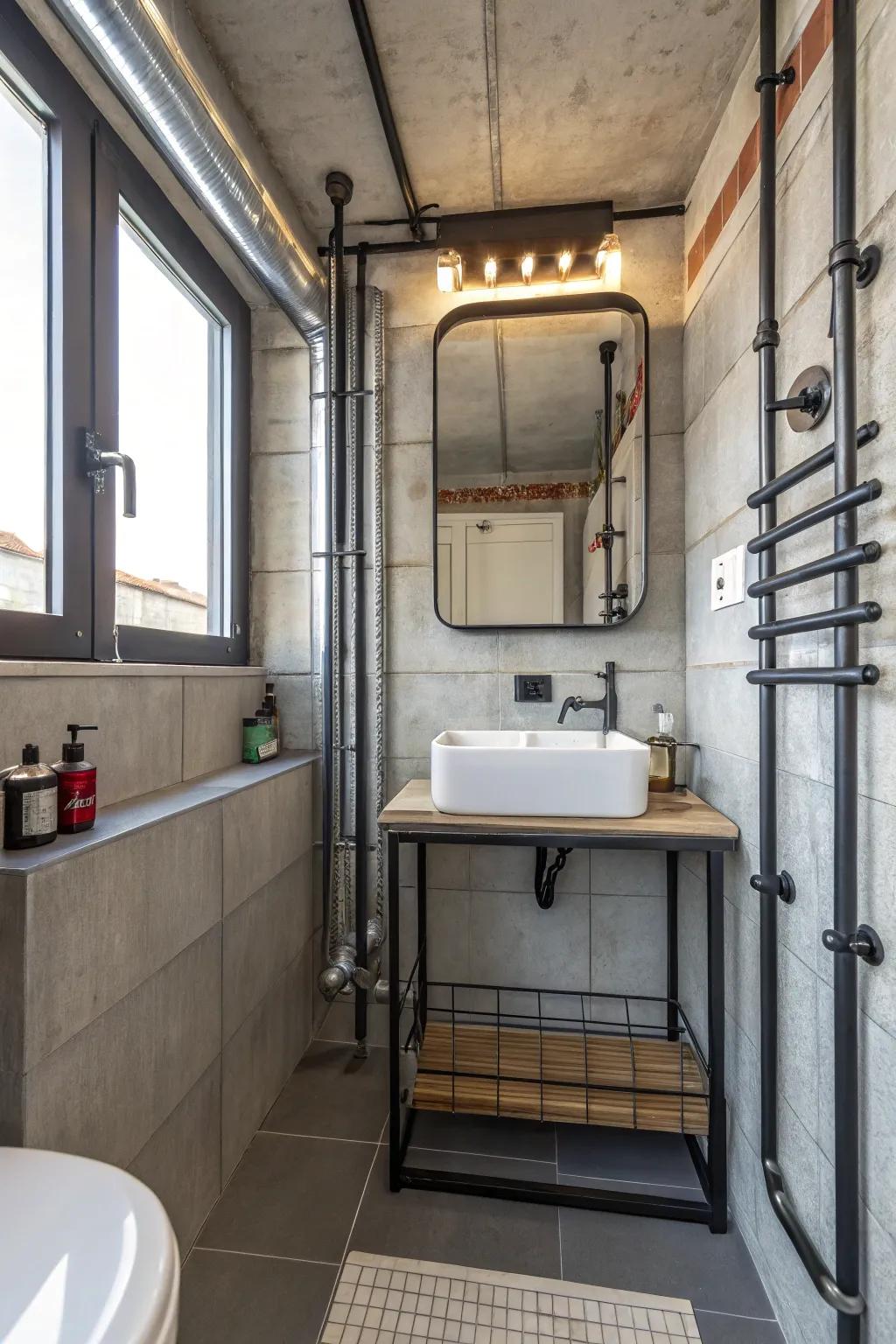 Industrial design creates a bold statement in a small space.