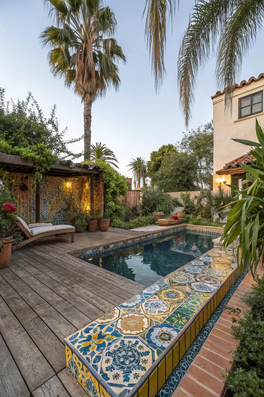 Colorful mosaic tiles bring vibrancy to this Spanish-style pool area.