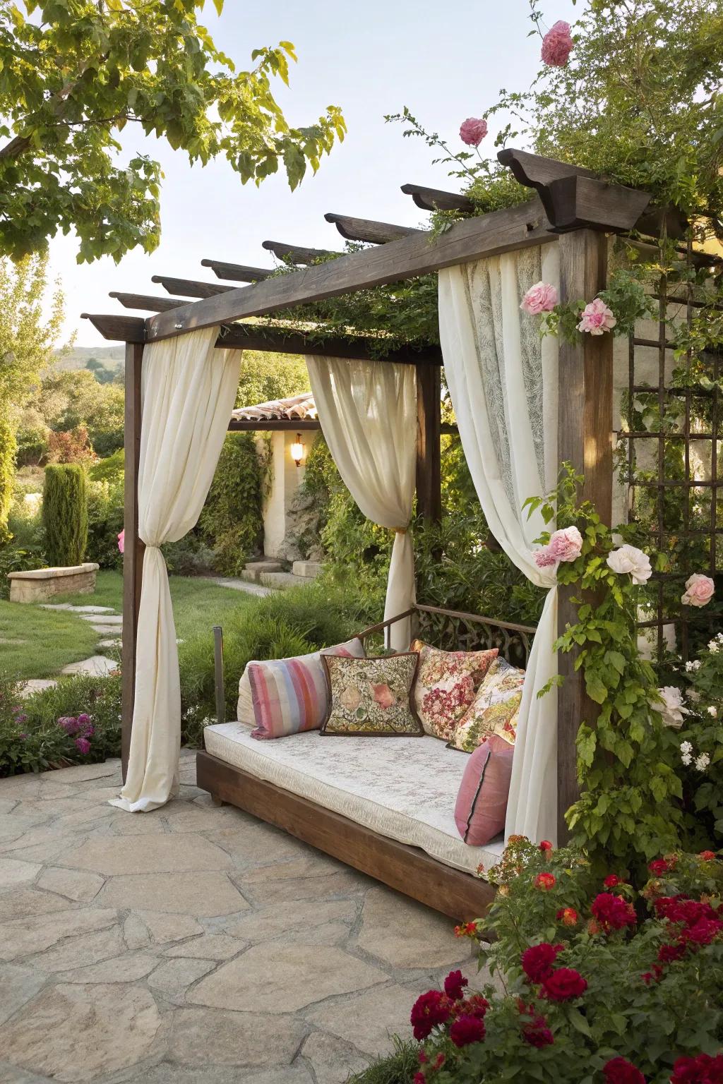 A daybed provides a relaxing retreat under the pergola.