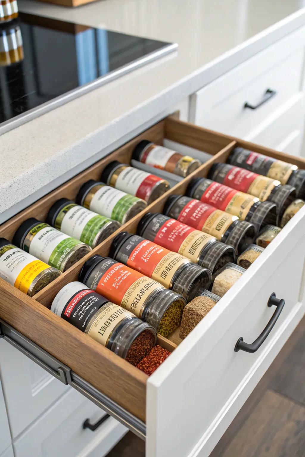 Drawer partitions create a dedicated spice zone.