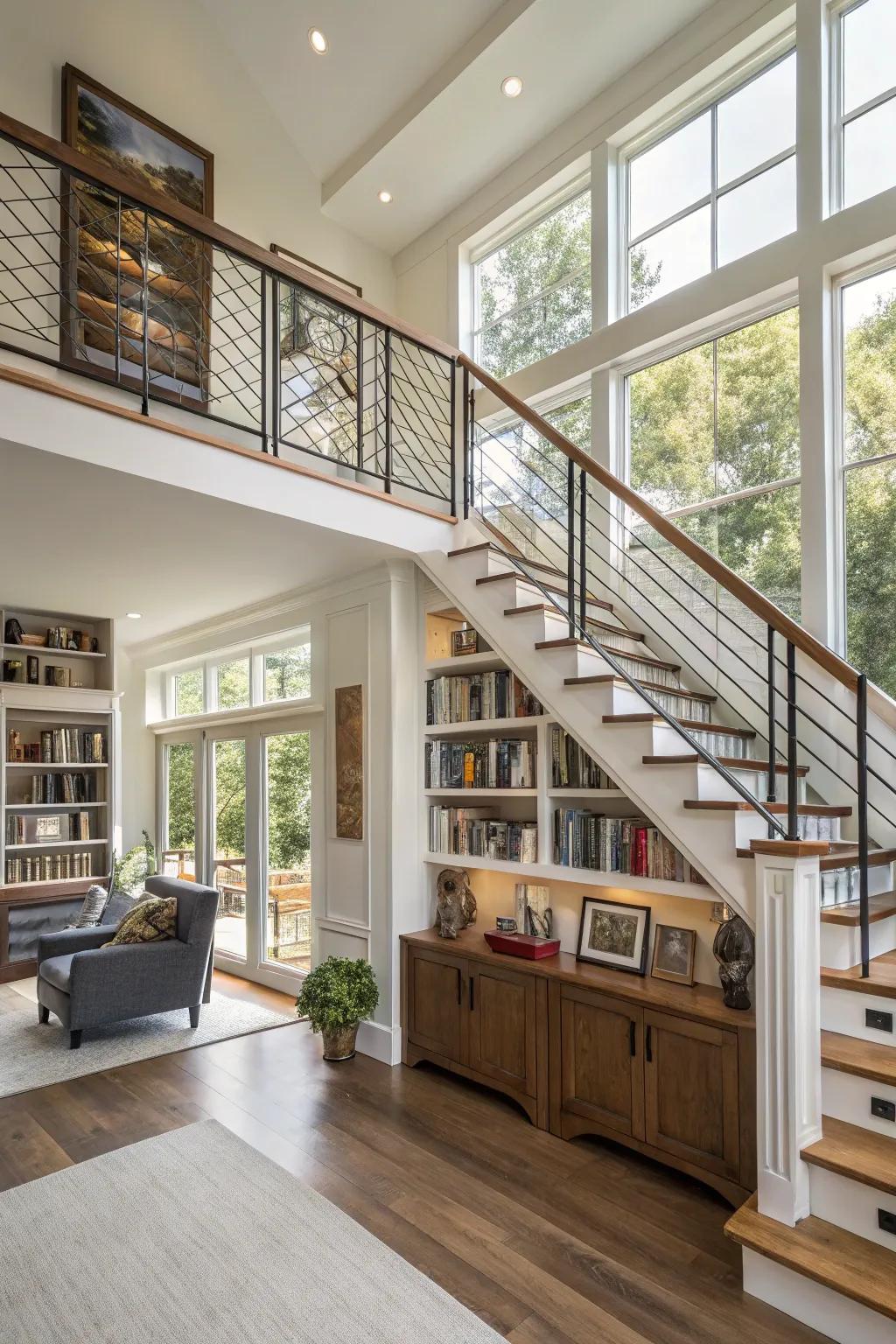 Integrated shelving in railing design adds functionality to a split-level home.