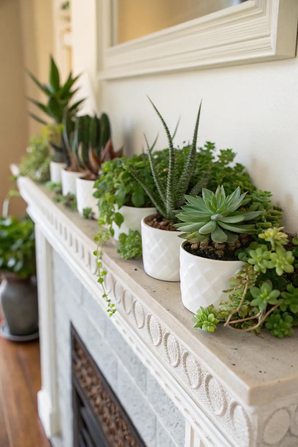 A compact garden contributes a spirited and verdant element to your mantel.