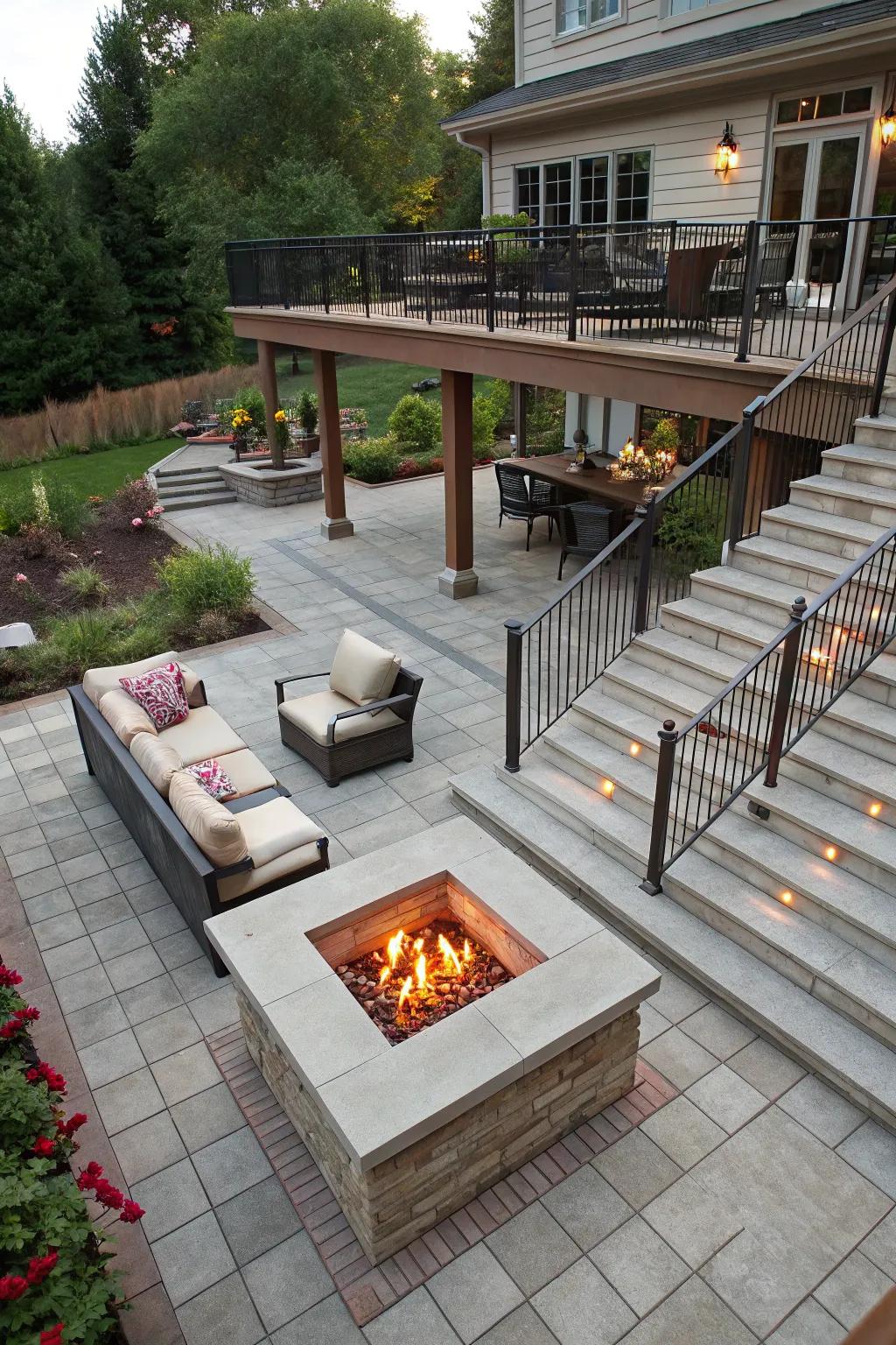 Multi-tiered designs add depth and dynamism to patio spaces.