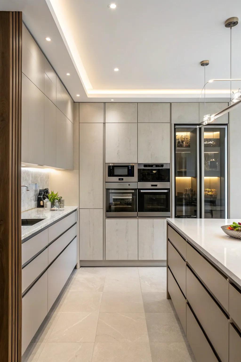 Concealed machines keeping the kitchen design sleek and continuous.
