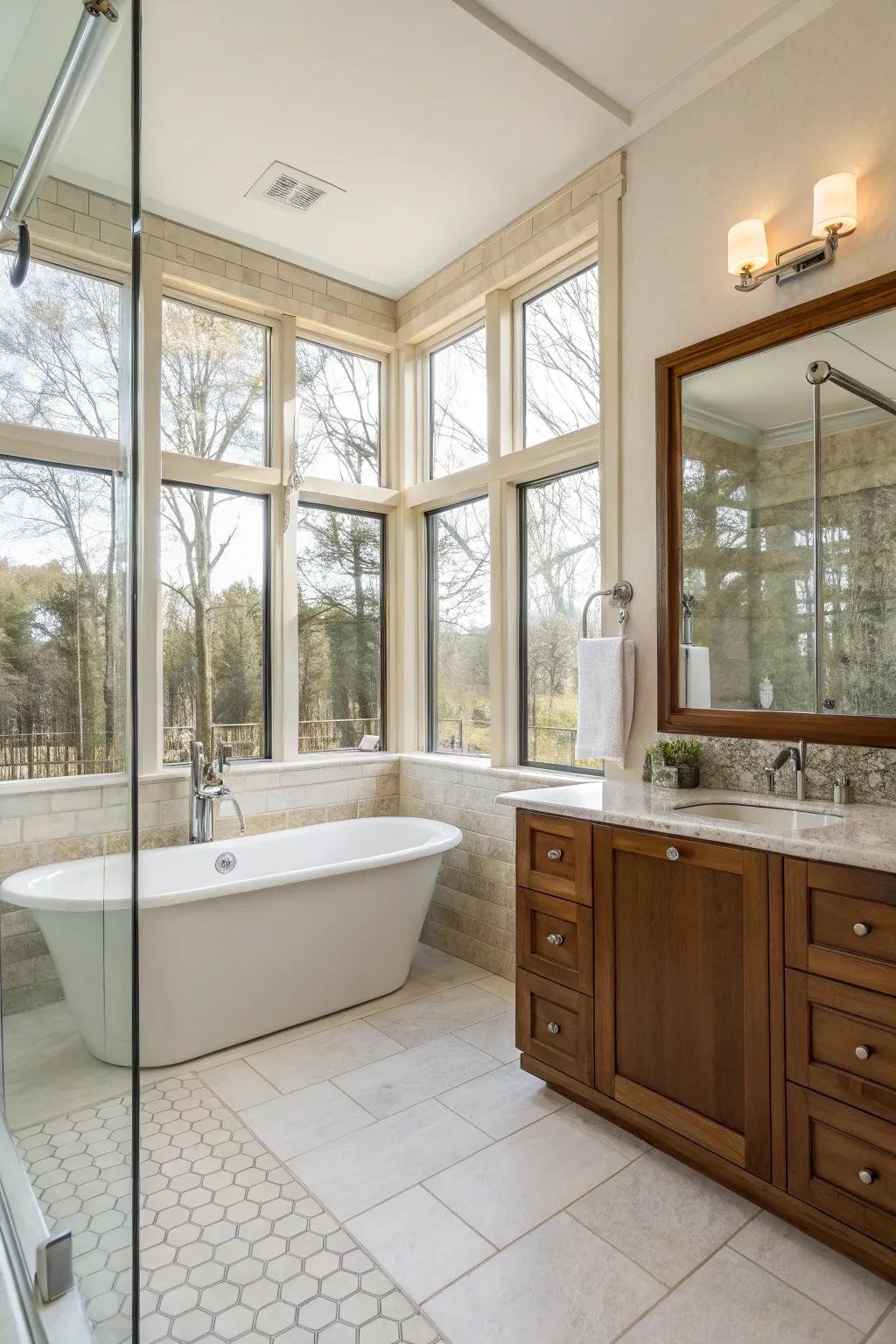 Sunlight floods the bathroom, establishing a bright and airy atmosphere.