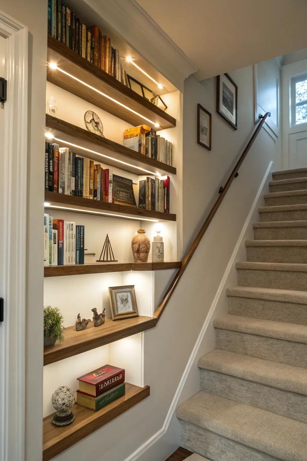 Floating shelves on your stair landing offer stylish display options.