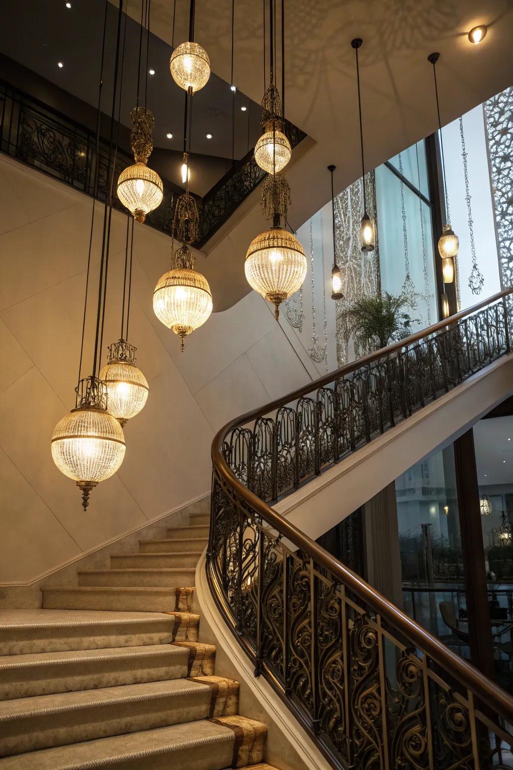 Pendant lights infuse sophistication and glamour into stairs.