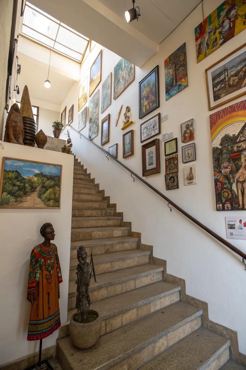 A heritage theme personalizes the stairway gallery arrangement.