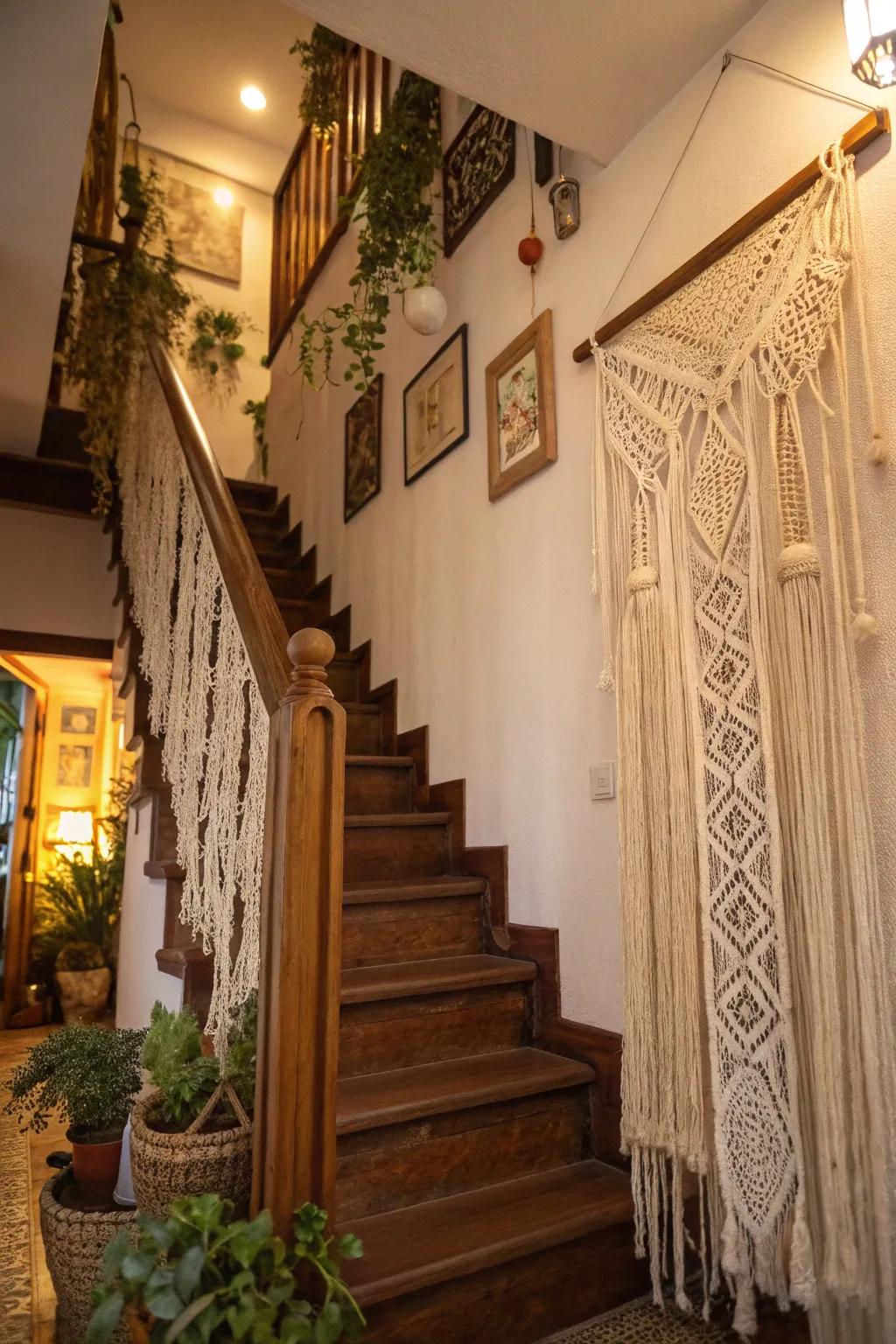 Braided window coverings bring texture and bohemian style to your stairwell.