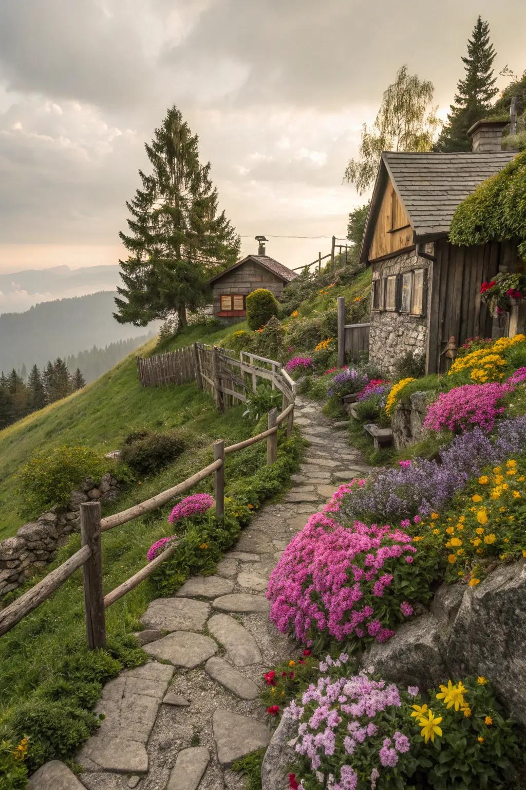 Cottage gardens bring charm and whimsy to hillside landscapes.