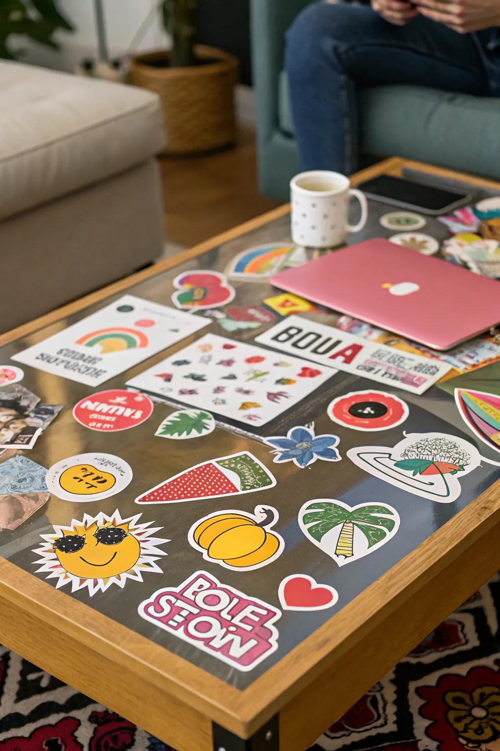 Personalize furniture with a sticker-covered tabletop.