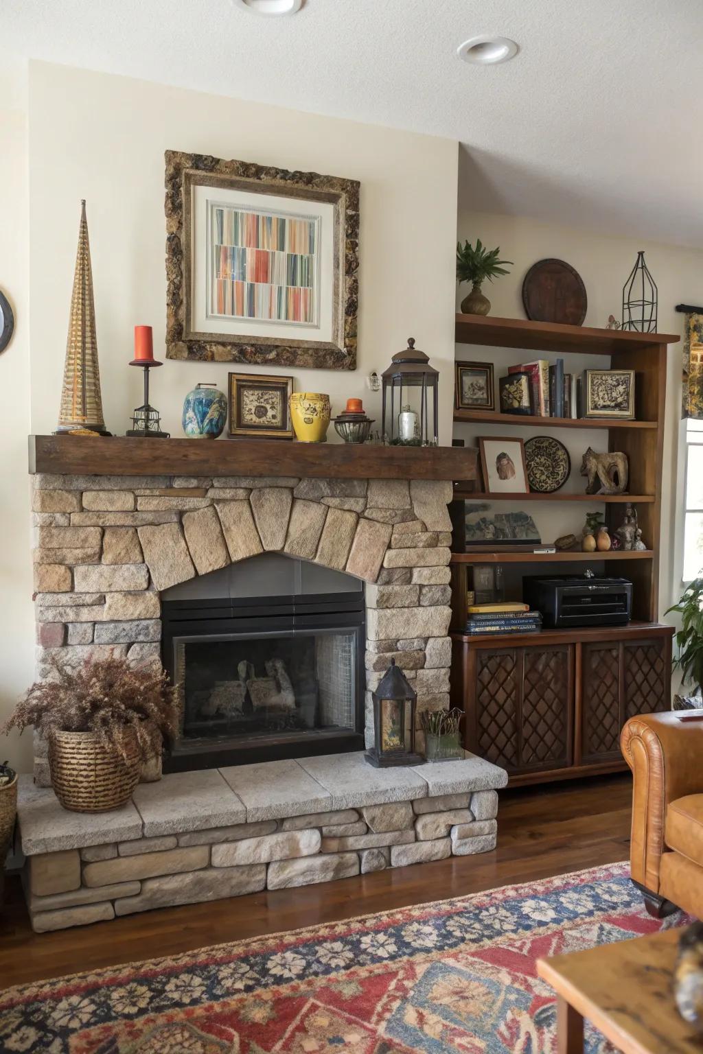 An eclectic area showcases a stone fireplace and a mixed-design mantel display.