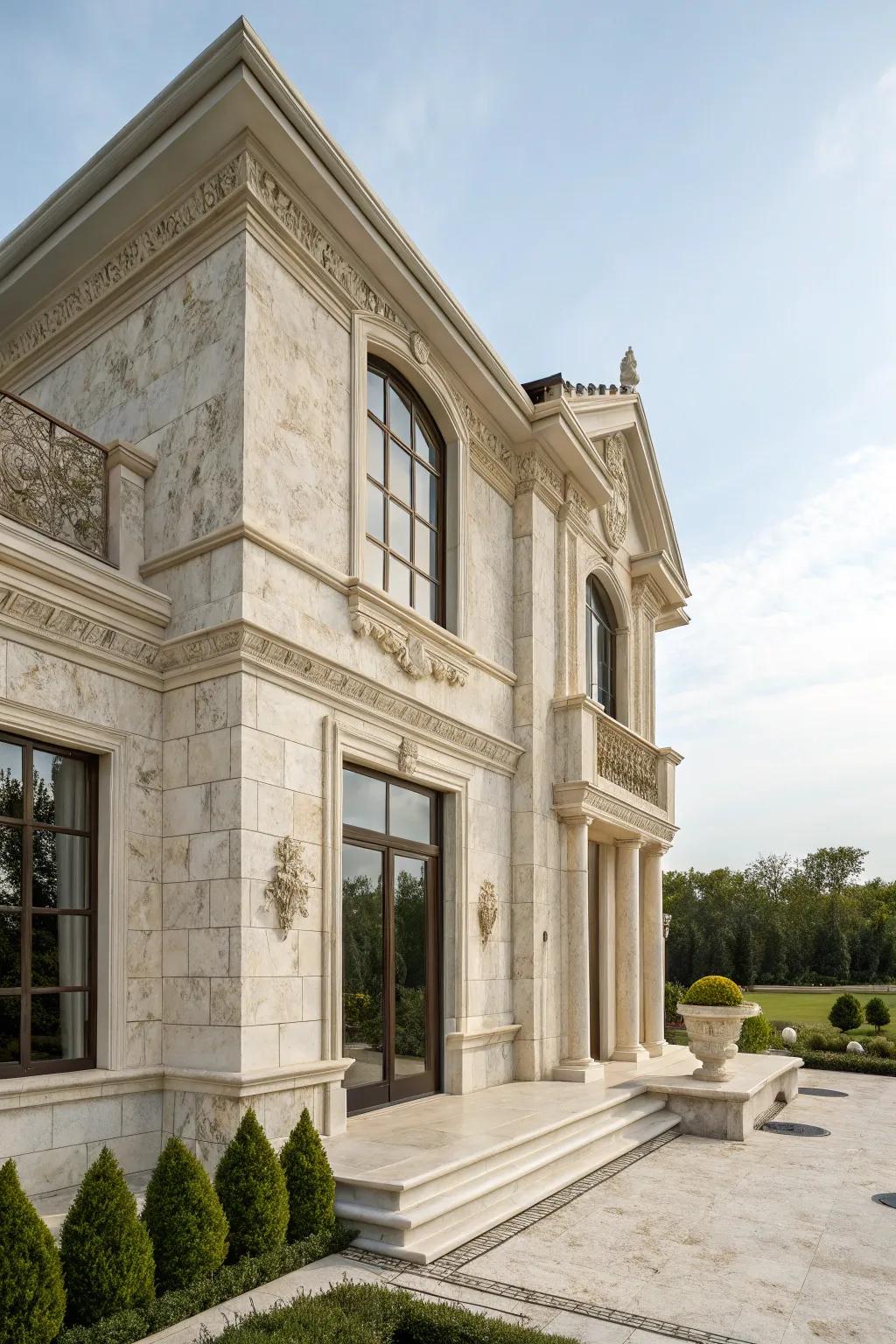 An elegant house with a timeless marble stone facade.
